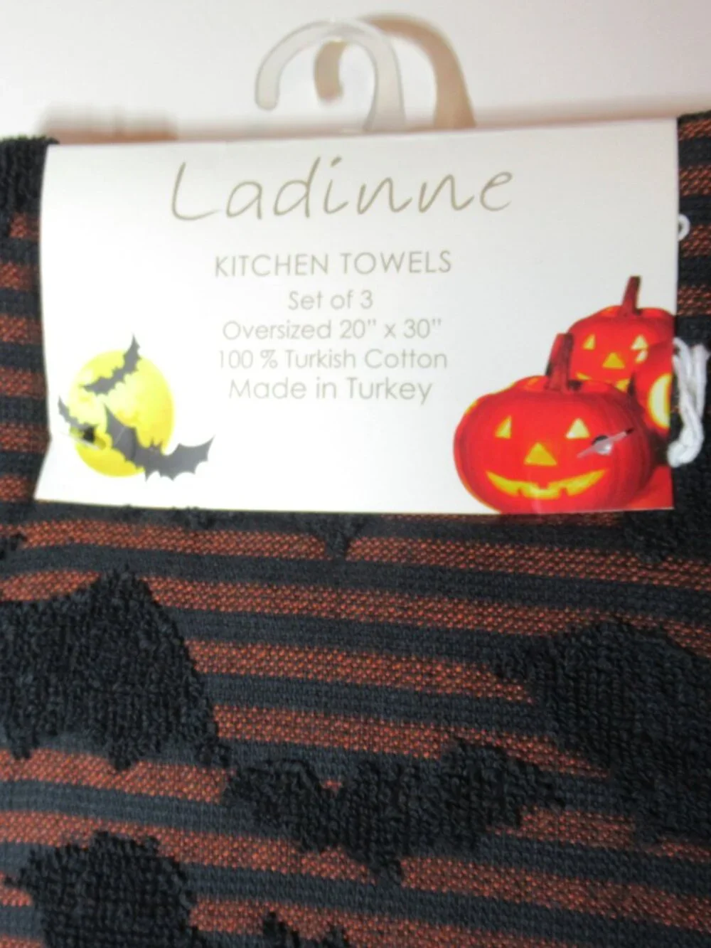 NWT Ladinne Kitchen Towels, Set of 3, Orange & Black Stripes, Halloween Bats